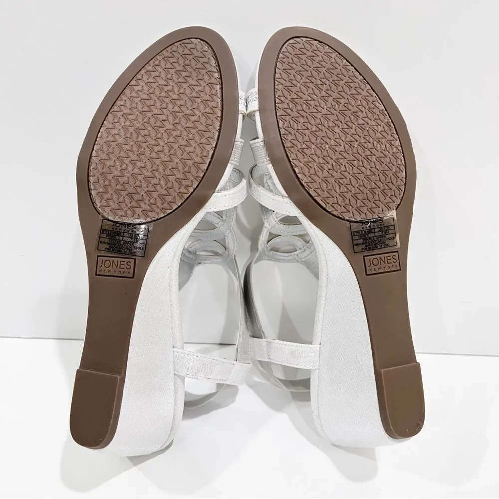 Jones New York Denice Strappy Bling Wedge Sandals Elastic Ankle Silver 7.5 NEW